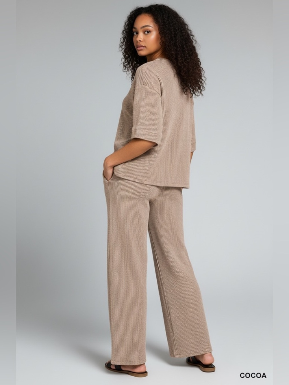 Zenana Women's Cocoa Ribbed Lounge Set - Picture 2 of 4
